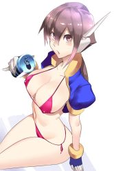 Rule 34 | 1girl, aile (mega man zx), arched back, arm support, bad id, bad twitter id, bikini, blue bikini, blue jacket, blush, bracelet, breasts, brown eyes, brown hair, can, capcom, covered erect nipples, cropped jacket, fingerless gloves, from above, gloves, hair between eyes, highres, holding, holding can, inti creates, jacket, jewelry, large breasts, legs together, long hair, looking up, mega man (series), mega man zx, mega man zx advent, micro bikini, navel, open can, open mouth, pinky out, ponytail, puffy short sleeves, puffy sleeves, purple bikini, short sleeves, side-tie bikini bottom, sidelocks, simple background, sitting, solo, swimsuit, ukimukai, white background