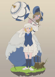 Rule 34 | 1boy, 1girl, absurdres, age difference, beige background, blonde hair, blue eyes, blue neckwear, blue vest, briefcase, choker, closed mouth, dress, dsqk03, earrings, elbow gloves, artistic error, flat cap, frills, full body, gloves, grass, hat, height difference, highres, holding, jewelry, kneehighs, leaning forward, long hair, looking at viewer, necktie, one eye closed, original, parasol, shoes, shorts, simple background, smile, socks, standing, strapless, strapless dress, tree stump, two-tone dress, umbrella, vest, white dress, white gloves, white shorts