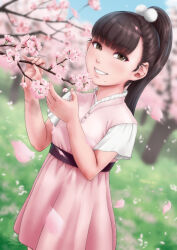 Rule 34 | 1girl, absurdres, blurry, blurry background, branch, brown eyes, brown hair, cherry blossoms, child, dress, falling petals, hair ornament, highres, long hair, looking at viewer, mole, mole under mouth, nakanocchi, original, outdoors, petals, pink dress, pom pom (clothes), ponytail, short sleeves, smile, solo, teeth, tree, upper body