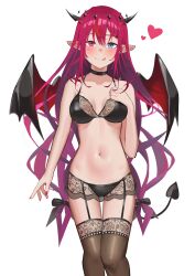 Rule 34 | 1girl, :p, absurdres, aqua eyes, black panties, black thighhighs, blush, bow, bra, breast suppress, breasts, cowboy shot, demon tail, demon wings, garter straps, hair bow, heart, heterochromia, highres, hololive, hololive english, irys (hololive), lace, lace-trimmed bra, lace-trimmed legwear, lace trim, lingerie, long hair, looking at viewer, medium breasts, nail polish, navel, panties, pointy ears, red eyes, red hair, shift (shiftillust), shiny skin, simple background, smile, solo, tail, thigh gap, thighhighs, tongue, tongue out, underwear, underwear only, very long hair, virtual youtuber, white background, wings