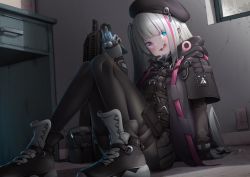 Rule 34 | 1girl, assault rifle, automatic rifle, battle rifle, beret, black hat, black pantyhose, blue eyes, blush, bullpup, carbine, cellphone, commission, desert tech mdr, flip phone, girls&#039; frontline, gun, hat, heterochromia, highres, long hair, mdr (girls&#039; frontline), name connection, object namesake, pantyhose, phone, pink eyes, rifle, side ponytail, silver hair, skeb commission, smile, solo, very long hair, weapon, yaosera