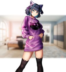Rule 34 | 1girl, :3, absurdres, alternate costume, animal ears, animal print, artist name, azur lane, black thighhighs, blue eyes, blue hair, blurry, blurry background, blush, breasts, casual, cat ears, cat print, cheshire (azur lane), choister, closed mouth, earrings, fake animal ears, feet out of frame, hair ribbon, hands in pockets, highres, hood, hoodie, jewelry, lips, long sleeves, looking at viewer, medium hair, multicolored hair, print hoodie, purple hoodie, ribbon, smile, solo, standing, streaked hair, thighhighs