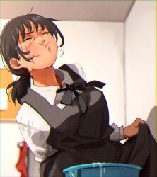 Rule 34 | 1girl, absurdres, apron, black apron, black hair, blurry, blurry background, bucket, bulletin board, chainsaw man, closed eyes, closed mouth, collared shirt, commentary, english commentary, facial scar, highres, implied vomiting, indoors, khyle., long hair, long sleeves, ponytail, scar, scar on cheek, scar on face, shirt, solo, sweat, vomit, white shirt, yoru (chainsaw man)