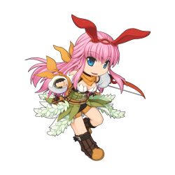 Rule 34 | 1girl, animal ears, belt, black gloves, black shorts, blue eyes, bow (weapon), breasts, brown belt, chibi, clenched hand, detached sleeves, fake animal ears, fingerless gloves, full body, gloves, holding, holding bow (weapon), holding weapon, leaning forward, long hair, medium bangs, medium breasts, official alternate costume, official art, open mouth, pink hair, pouch, rabbit ears, ragnarok online, ranger (ragnarok online), scarf, short shorts, shorts, sidelocks, simple background, skirt, smile, solo, tachi-e, transparent background, underbust, weapon, white skirt, white sleeves, yellow scarf, yuichirou