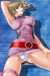 Rule 34 | 009-1, 1girl, blonde hair, blue eyes, breasts, cleavage, covered erect nipples, earrings, green eyes, gun, highres, holster, impossible clothes, impossible shirt, jewelry, large breasts, lipstick, makeup, miniskirt, mylene hoffman, nipples, panties, pantyshot, shiny clothes, shiny skin, shirt, short hair, skin tight, skindentation, skirt, smile, solo, spread legs, toten (der fuhrer), underwear, upskirt, weapon, white panties