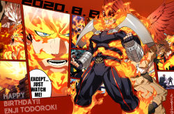 Rule 34 | 2boys, armor, back-to-back, bara, blonde hair, blue bodysuit, blue eyes, bodysuit, boku no hero academia, bulge, collage, covered abs, endeavor (boku no hero academia), english text, facial hair, feathered wings, feet out of frame, fire, happy birthday, hawks (boku no hero academia), highres, koooogasya, large pectorals, legs apart, male focus, mature male, multiple boys, muscular, muscular male, pauldrons, pectorals, red hair, scar, scar across eye, scar on face, short hair, shoulder armor, sideburns, spiked hair, stubble, wings