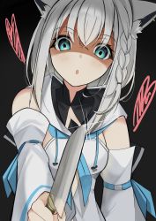 Rule 34 | 1girl, :o, absurdres, animal ear fluff, animal ears, aqua eyes, black background, blue neckerchief, blush, braid, breasts, commentary request, detached sleeves, earrings, eyelashes, fox ears, fox girl, grey hair, hair between eyes, heart, highres, holding, holding knife, hololive, jewelry, knife, kosh, long hair, long sleeves, looking at viewer, medium breasts, neckerchief, open mouth, shirakami fubuki, shirakami fubuki (1st costume), sidelocks, simple background, single braid, solo, upper body, virtual youtuber, yandere