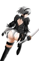 Rule 34 | 1girl, android, ass, back, back cutout, black dress, black hairband, black thighhighs, blindfold, boots, clothing cutout, dress, from behind, gloves, hairband, highres, huge ass, katana, nier (series), nier:automata, open mouth, panties, parted lips, rensoukun, shiny skin, short hair, solo, sword, thigh boots, thighhighs, transparent background, underwear, weapon, white hair, 2b (nier:automata)