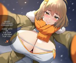 Rule 34 | 1girl, anis (nikke), areola slip, blush, breasts, brown jacket, closed mouth, goddess of victory: nikke, hair ornament, huge breasts, jacket, lainart, light brown hair, looking at viewer, orange eyes, orange scarf, reaching, reaching towards viewer, scarf, short hair, smile, solo