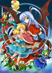 Rule 34 | 4girls, alice margatroid, alice margatroid (pc-98), aqua bow, aqua eyes, aqua ribbon, aqua skirt, bad id, bad pixiv id, bat wings, black footwear, blonde hair, blue eyes, blue hair, blue hat, blue ribbon, blue shirt, blue skirt, blush, book, bow, bowtie, capelet, child, circle, closed mouth, doll, dress, female focus, flower, flying paper, frilled skirt, frills, full body, ghost tail, green eyes, green hair, hair ribbon, hairband, hat, hat ribbon, highres, hug, lily (flower), long hair, long sleeves, looking at viewer, michii yuuki, mima (touhou), multiple girls, mystic square, open book, paper, pink hairband, red dress, red flower, red rose, ribbon, rose, sash, shinki (touhou), shirt, shoes, short hair, skirt, socks, staff, star (symbol), star print, sword, touhou, touhou (pc-98), weapon, wide sleeves, wings, wizard hat, yellow bow, yellow bowtie