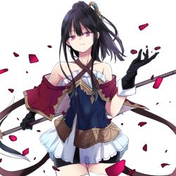 1girl atelier_(series) atelier_meruru bike_shorts black_gloves black_hair capelet collarbone cowboy_shot dress female_focus gloves hair_ornament holding holding_weapon light_smile long_hair looking_at_viewer maromi_(am97) mimi_houllier_von_schwarzlang petals ponytail red_eyes shorts shorts_under_dress shorts_under_skirt solo strapless strapless_dress thighhighs weapon white_background