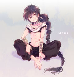 Rule 34 | 1boy, bangle, barefoot, black hair, bracelet, copyright name, english text, head tilt, indian style, jewelry, judal, long hair, magi the labyrinth of magic, male focus, midriff, navel, pa kiiro, ponytail, powd, red eyes, simple background, sitting, smile, solo, very long hair