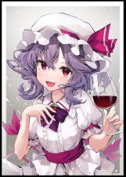 Rule 34 | 1girl, alcohol, black border, blush, border, bow, bowtie, brooch, center frills, commentary request, cup, dress, drinking glass, fang, frills, grey background, hand on own chest, hat, hat ribbon, highres, hira-san, holding, holding cup, jewelry, looking at viewer, mob cap, open mouth, puffy sleeves, purple bow, purple bowtie, purple hair, red bow, red eyes, remilia scarlet, ribbon, short sleeves, simple background, skin fang, slit pupils, smile, solo, touhou, waist bow, white hat, wine, wine glass