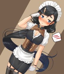 Rule 34 | 1girl, adjusting hair, alternate costume, black dress, black hair, black thighhighs, blue eyes, blush, breasts, brown background, cleavage, cleavage cutout, closed mouth, clothing cutout, commentary request, corset, cowboy shot, dress, dutch angle, ear blush, embarrassed, enmaided, eyebrow cut, frilled shirt collar, frills, garter belt, garter straps, gloves, hair ornament, highres, junk gaming maiden, kitsunerider, large breasts, long hair, looking to the side, maid, maid headdress, mole, mole under mouth, nose blush, onizuka saori, shirt, short dress, solo, spoken blush, swept bangs, thick eyebrows, thighhighs, two-tone background, very long hair, white gloves, white shirt, zettai ryouiki