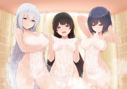 Rule 34 | 3girls, absurdres, armpits, black hair, blue eyes, blue hair, blurry, blurry background, blush, breasts, brown eyes, closed mouth, collarbone, covered navel, covering privates, depth of field, groin, hair between eyes, half-closed eyes, highres, higuchi kaede, huge filesize, indoors, jk gumi (nijisanji), large breasts, long hair, mole, mole under eye, mouth hold, multiple girls, nijisanji, nude cover, purple eyes, see-through, shizuka rin, silver hair, temari rin, tsukino mito, very long hair, virtual youtuber, wet towel