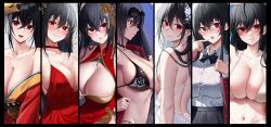 1girl absurdly_long_hair ahoge arm_support arm_up azur_lane back bare_arms bare_shoulders bespectacled bikini black_bikini black_bow black_bowtie black_hair black_pantyhose black_skirt black_thighhighs blue_sky blurry blurry_background blush bow bowtie bra_visible_through_clothes breasts button_gap china_dress chinese_clothes choker cleavage cleavage_cutout closed_mouth clothes_pull clothing_cutout cloud cloudy_sky collarbone collared_shirt commentary_request crossed_bangs cup day dress dress_pull drinking_glass eyewear_on_head from_behind glasses grey_background hair_between_eyes hair_intakes hair_ornament highres holding holding_cup huge_breasts jacket japanese_clothes kimono large_breasts long_hair long_sleeves looking_ahead looking_at_viewer mask mask_on_head median_furrow navel off_shoulder official_alternate_costume official_alternate_hairstyle one_side_up open_clothes open_jacket open_mouth outdoors pantyhose pulling_own_clothes red_choker red_dress red_eyes red_jacket red_kimono round_eyewear semi-rimless_eyewear shirt side_slit sideboob simple_background sitting skindentation skirt skirt_hold sky sleeveless sleeveless_dress smile spilling stomach sunglasses swimsuit taihou_(azur_lane) taihou_(enraptured_companion)_(azur_lane) taihou_(forbidden_feast)_(azur_lane) taihou_(phoenix&#039;s_spring_song)_(azur_lane) taihou_(sweet_time_after_school)_(azur_lane) taihou_(temptation_on_the_sea_breeze)_(azur_lane) thigh_strap thighhighs thighs tongue tongue_out very_long_hair white_background white_bikini white_dress white_shirt yorugami_rei