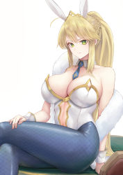 Rule 34 | 1girl, absurdres, animal ears, artoria pendragon (all), artoria pendragon (fate), artoria pendragon (swimsuit ruler) (fate), bare shoulders, blue neckwear, braid, breasts, cleavage, crossed legs, crown, detached collar, fake animal ears, fate (series), fishnet pantyhose, fishnets, fur scarf, gold trim, green eyes, hand on own leg, highres, large breasts, leotard, long hair, looking at viewer, navel, okuma707, pantyhose, playboy bunny, ponytail, rabbit ears, scarf, sidelocks, simple background, sitting, solo, white background, white leotard, white scarf, wrist cuffs