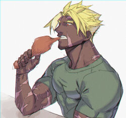 Rule 34 | 1boy, adam&#039;s apple, beowulf (fate), biting, blonde hair, chicken (food), dark-skinned male, dark skin, facial hair, fate/grand order, fate (series), fingernails, food, goatee stubble, green shirt, highres, looking ahead, male focus, multiple girls, muscular, muscular male, pectorals, red eyes, scar, scar on face, scar on hand, scar on neck, shirt, short hair, short sleeves, skin tight, solo, stubble, t-shirt, thick eyebrows, udaruga, white background