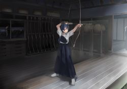 Rule 34 | 1girl, aiming, ajapar, archery, archery dojo, arms up, arrow (projectile), blue hair, bow (weapon), closed mouth, commentary request, drawing bow, gloves, hair between eyes, hakama, hakama skirt, holding, holding arrow, holding bow (weapon), holding weapon, japanese clothes, kyuudou, long hair, love live!, love live! school idol festival, love live! school idol project, muneate, outstretched arm, partially fingerless gloves, partly fingerless gloves, single glove, skirt, solo, sonoda umi, standing, weapon, yellow eyes, yugake