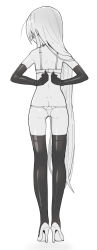 Rule 34 | 1girl, arms behind head, ass, blush, bra, butt crack, elbow gloves, facing away, from behind, full body, gloves, greyscale, high heels, highres, long hair, monochrome, ohlia, panties, petite, shakugan no shana, shana, shoes, simple background, solo, standing, thighhighs, tying bra, underwear, very long hair, white background
