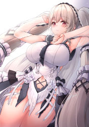 Rule 34 | 1girl, absurdly long hair, armpits, arms up, awa yume, azur lane, bare shoulders, black choker, black neckwear, black sailor collar, blush, bow, breasts, choker, closed mouth, clothing cutout, commentary request, cowboy shot, detached sleeves, dress, dress bow, dress flower, dutch angle, feather dress, formidable (azur lane), formidable (timeless classics) (azur lane), grey hair, hair between eyes, hair ornament, highres, large breasts, long hair, looking at viewer, navel, navel cutout, official alternate costume, pink eyes, sailor collar, sidelocks, sleeveless, sleeveless dress, smile, solo, standing, taut clothes, taut dress, twintails, two-tone dress, two-tone ribbon, veil, very long hair, white background, white dress, white sleeves
