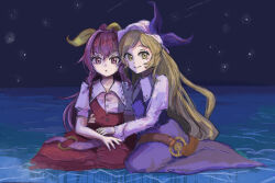 Rule 34 | 2girls, blonde hair, bow, breasts, closed mouth, dress, expressionless, hair bow, hair intakes, hat, hat bow, highres, horizon, long hair, long sleeves, looking at viewer, multiple girls, night, night sky, partially submerged, puffy short sleeves, puffy sleeves, purple bow, purple dress, purple eyes, purple hair, red dress, short sleeves, siblings, silent siren, sisters, sky, small breasts, smile, star (sky), swept bangs, touhou, very long hair, watatsuki no toyohime, watatsuki no yorihime, water, yellow bow, yellow eyes