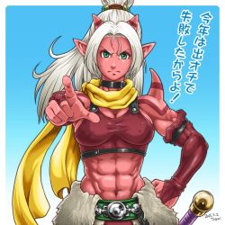 Rule 34 | abs, blush, colored skin, dragon quest, dragon quest x, green eyes, horns, long hair, muscular, muscular female, navel, ogre (dq10), oni, red skin, solo, spikes, taka (jungle web!), white hair