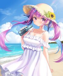Rule 34 | 1girl, beach, blue hair, blue nails, blue ribbon, blue sky, blush, bottle, breasts, cleavage, cloud, colored inner hair, commentary request, dress, frilled dress, frills, hair ribbon, hat, hibidari, highres, holding, holding bottle, hololive, large breasts, long hair, minato aqua, multicolored hair, nail polish, pink hair, purple eyes, ribbon, sand, sky, solo, straw hat, sundress, twintails, two-tone hair, virtual youtuber, white dress