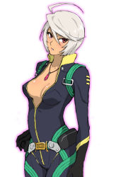 Rule 34 | 10s, 1girl, ahoge, bodysuit, breasts, cleavage, jewelry, necklace, open bodysuit, open clothes, parted lips, pendant, pilot, pilot suit, red eyes, short hair, silver hair, skin tight, solo, standing, tan, uchuu senkan yamato, uchuu senkan yamato 2199, uniform, unzipped, yamamoto akira