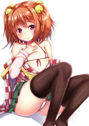 Rule 34 | 1girl, apron, bell, bikini, bikini under clothes, black thighhighs, blush, breasts, checkered clothes, checkered shirt, ebi 193, front-tie top, hair bell, hair ornament, japanese clothes, kimono, looking at viewer, micro bikini, miniskirt, motoori kosuzu, orange hair, red eyes, shirt, short hair, simple background, skirt, small breasts, smile, solo, swimsuit, thighhighs, touhou, twintails, two side up, white background