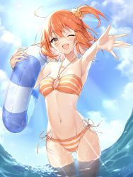 Rule 34 | 1girl, absurdres, arm up, armpits, bikini, blue sky, blush, breasts, cloud, collarbone, command spell, day, fate/grand order, fate (series), fujimaru ritsuka (female), fujimaru ritsuka (female) (brilliant summer), hair between eyes, hair ornament, hair scrunchie, highres, holding, holding swim ring, innertube, looking at viewer, medium breasts, navel, ocean, official alternate costume, one eye closed, open mouth, orange bikini, orange hair, outdoors, partially submerged, pttyr, scrunchie, short hair, side ponytail, sky, smile, solo, stomach, striped bikini, striped clothes, striped innertube, sunlight, swim ring, swimsuit, water, wet, yellow eyes, yellow scrunchie