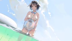 Rule 34 | 1girl, arknights, ball, beachball, bikini, black eyes, black hair, blue sky, blush, breasts, cloud, cloudy sky, da (datako), dutch angle, feather hair, goggles, goggles around neck, highres, holding, holding ball, holding beachball, id card, la pluma (arknights), la pluma (summer flowers) (arknights), lanyard, looking at viewer, medium breasts, official alternate costume, short hair, sky, smile, solo, swimsuit, thigh strap, wading, water, white bikini