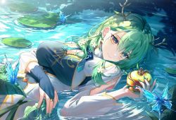 Rule 34 | 1girl, absurdres, antlers, apple, branch, breasts, bug, butterfly, ceres fauna, day, flower, food, fruit, golden apple, grass, green hair, hair flower, hair ornament, highres, hololive, hololive english, horns, in water, insect, leaf, looking to the side, lying, medium breasts, medium hair, nature, on back, outdoors, pond, smile, star-ring, sunlight, virtual youtuber, waves, wavy hair, yellow eyes