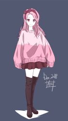 Rule 34 | 1girl, 2018, black footwear, boots, bow, brown bow, brown skirt, dated, earrings, full body, grey background, hair bow, highres, jewelry, long hair, long sleeves, looking at viewer, miniskirt, nii manabu, original, pink eyes, pink hair, pink sweater, signature, simple background, skirt, smile, solo, standing, sweater, thigh boots, thighhighs, two-tone sweater, zettai ryouiki