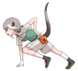 Rule 34 | 1girl, action, alternate costume, beige shirt, beige shorts, black footwear, chalk, collared shirt, commentary request, glasses, gloves, green shirt, grey hair, highres, kemono friends, kemono friends 3, khakis, meerkat (kemono friends), meerkat ears, meerkat tail, multicolored hair, neckwear request, shirt, shoes, short hair, short sleeves, sneakers, socks, solo, takebi, two-tone hair, two-tone shirt, uniform, white background, white gloves, white socks