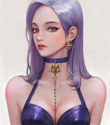 Rule 34 | 1girl, blue eyes, blush, camisole, choker, collarbone, earrings, goldpair, grey background, hair behind ear, jewelry, long hair, looking at viewer, original, parted lips, portrait, purple camisole, purple choker, purple hair, realistic, single earring, solo
