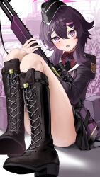 Rule 34 | 1girl, black footwear, blue archive, blush, boots, gun, haruka (blue archive), highres, looking at viewer, open mouth, problem solver 68 (blue archive), purple eyes, purple hair, rifle, shirubaa, sniper rifle, solo, thighs, weapon