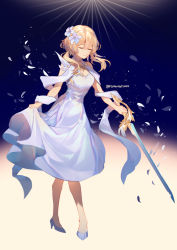 Rule 34 | 1girl, absurdres, blonde hair, bowing, breasts, closed eyes, clothes lift, commentary, dress, dress lift, english commentary, flower, flyawaychan, full body, genshin impact, gradient background, hair flower, hair ornament, high heels, highres, holding, holding sword, holding weapon, lumine (genshin impact), scarf, shoes, short hair with long locks, sidelocks, sleeveless, sleeveless dress, solo, sword, twitter username, weapon, white dress, white footwear, white scarf