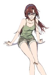 Rule 34 | 1girl, bare legs, bare shoulders, blue eyes, breasts, brown hair, camisole, glasses, hairband, highres, long hair, looking at viewer, low twintails, makinami mari illustrious, nagasawa reiko (animator), neon genesis evangelion, parted lips, rebuild of evangelion, short shorts, shorts, simple background, sitting, small breasts, smile, solo, twintails, white background