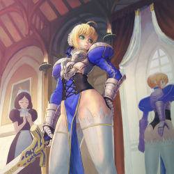 Rule 34 | 2girls, ahoge, armor, artoria pendragon (all), artoria pendragon (fate), ass, blonde hair, blood, breastplate, breasts, caliburn (fate), clapping, closed eyes, corset, emiya shirou, fate/stay night, fate (series), from below, gauntlets, green eyes, hair bun, hair ribbon, hand on own ass, highres, legs, leotard, looking back, loped, maid, mirror, multiple girls, nosebleed, painting (object), pelvic curtain, reflection, ribbon, saber (fate), single hair bun, small breasts, solo focus, sword, thighhighs, thighs, thong, weapon, white thighhighs