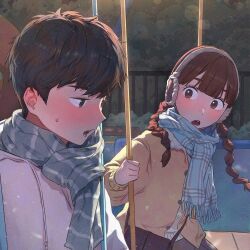 Rule 34 | 1boy, 1girl, bag, black eyes, black hair, blue scarf, blunt bangs, blush, braid, brown eyes, brown hair, brown jacket, ddini, dot nose, double-parted bangs, drawstring, earmuffs, fur trim, highres, jacket, light particles, long hair, long sleeves, looking at another, looking to the side, original, outdoors, plaid, plaid scarf, scarf, short hair, sitting, striped clothes, striped scarf, sweatdrop, sweater, swing set, teeth, twin braids, vertical-striped clothes, vertical-striped scarf