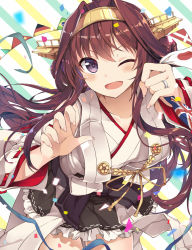 Rule 34 | 10s, 1girl, ;d, ahoge, bare shoulders, blush, brazilian flag, brown hair, cowboy shot, detached sleeves, double bun, frilled skirt, frills, german flag, grey skirt, hairband, headgear, japanese clothes, japanese flag, jewelry, kantai collection, kongou (kancolle), long hair, myuton, nail polish, nontraditional miko, one eye closed, open mouth, people&#039;s republic of china flag, pleated skirt, purple eyes, ribbon-trimmed sleeves, ribbon trim, ring, skirt, smile, solo, union jack, wedding band
