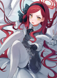 Rule 34 | 1girl, absurdres, bed sheet, black gloves, black hairband, blue archive, blush, collared shirt, dress, gloves, grey dress, hairband, halo, highres, jacket, long hair, long sleeves, looking at viewer, open clothes, open jacket, open mouth, pantyhose, red hair, red halo, shirt, solo, stuffed animal, stuffed rabbit, stuffed toy, takane (blue archive), white jacket, white pantyhose, white shirt, yellow eyes, yuhezi