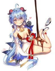 Rule 34 | 1girl, ahoge, aile (crossroads), bell, blue hair, breasts, chocolate, chocolate on body, chocolate on breasts, chocolate on face, cowbell, curled horns, detached collar, detached sleeves, food, food on body, food on face, full body, ganyu (genshin impact), genshin impact, heart, highres, horns, licking lips, long hair, medium breasts, neck bell, shoes, single shoe, sitting, solo, tongue, tongue out, unworn shoes, valentine, very long hair, yokozuwari
