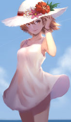 Rule 34 | 1girl, absurdres, blush, breasts, brown eyes, brown hair, day, dress, flower, hat, hat flower, highres, looking at viewer, misaka mikoto, short hair, small breasts, sola7764, solo, sun hat, sundress, toaru majutsu no index