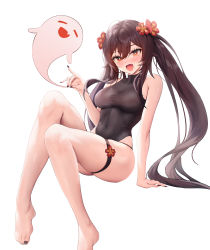 Rule 34 | 1girl, absurdres, bare shoulders, black one-piece swimsuit, blush, boo tao (genshin impact), breasts, brown hair, genshin impact, ghost, highleg, highleg swimsuit, highres, hu tao (genshin impact), long hair, looking at viewer, medium breasts, one-piece swimsuit, open mouth, rable, red eyes, smile, swimsuit, symbol-shaped pupils, twintails, very long hair