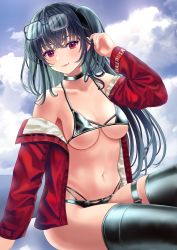Rule 34 | 1girl, adjusting hair, alternate breast size, azur lane, bare shoulders, bikini, black bikini, black choker, black hair, black thighhighs, blue sky, breasts, choker, cloud, collarbone, commentary request, day, eyewear on head, glasses, jacket, long hair, looking at viewer, medium breasts, navel, off-shoulder jacket, off shoulder, official alternate costume, open clothes, open jacket, outdoors, race queen, red eyes, red jacket, sitting, sky, solo, swimsuit, taihou (azur lane), taihou (enraptured companion) (azur lane), thigh strap, thighhighs, uemura shun, very long hair