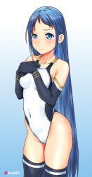 Rule 34 | 1girl, absurdres, aiuti, black gloves, black one-piece swimsuit, black thighhighs, blue background, blue eyes, blue hair, blush, breasts, collarbone, competition swimsuit, covered navel, cowboy shot, elbow gloves, eyebrows, female focus, gloves, gradient background, gradient hair, highleg, highres, kantai collection, long hair, looking at viewer, multicolored hair, one-piece swimsuit, samidare (kancolle), small breasts, solo, swimsuit, thighhighs, thighs, twitter username, two-tone swimsuit, very long hair, white one-piece swimsuit