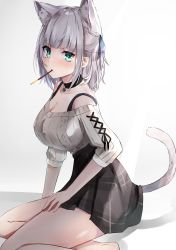 Rule 34 | 1girl, absurdres, animal ears, bad id, bad twitter id, barefoot, black choker, black ribbon, blue ribbon, breasts, brown skirt, cat ears, cat girl, cat tail, choker, cleavage, food, food in mouth, green eyes, grey hair, hair ribbon, hand on own thigh, highres, hololive, large breasts, legs, long hair, looking at viewer, mole, mole on breast, nanashinayuzu mochi, off-shoulder sweater, off shoulder, pendant choker, plaid, plaid skirt, pocky, pocky day, ribbon, shirogane noel, shirogane noel (casual), simple background, sitting, skirt, solo, spaghetti strap, striped ribbon, sweater, tail, thighs, virtual youtuber, white background, yokozuwari