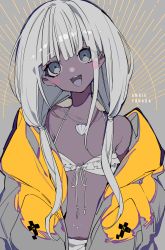 Rule 34 | 1girl, :d, absurdres, bare shoulders, bikini, breasts, brown background, brown eyes, character name, collarbone, commentary request, danganronpa (series), danganronpa v3: killing harmony, dark-skinned female, dark skin, grey hair, grey jacket, highres, jacket, jewelry, long hair, looking at viewer, mochizuki kei, multicolored clothes, multicolored jacket, navel, necklace, open mouth, orange jacket, shell, shell necklace, small breasts, smile, solo, swimsuit, teeth, tongue, twintails, two-tone jacket, upper body, upper teeth only, yonaga angie